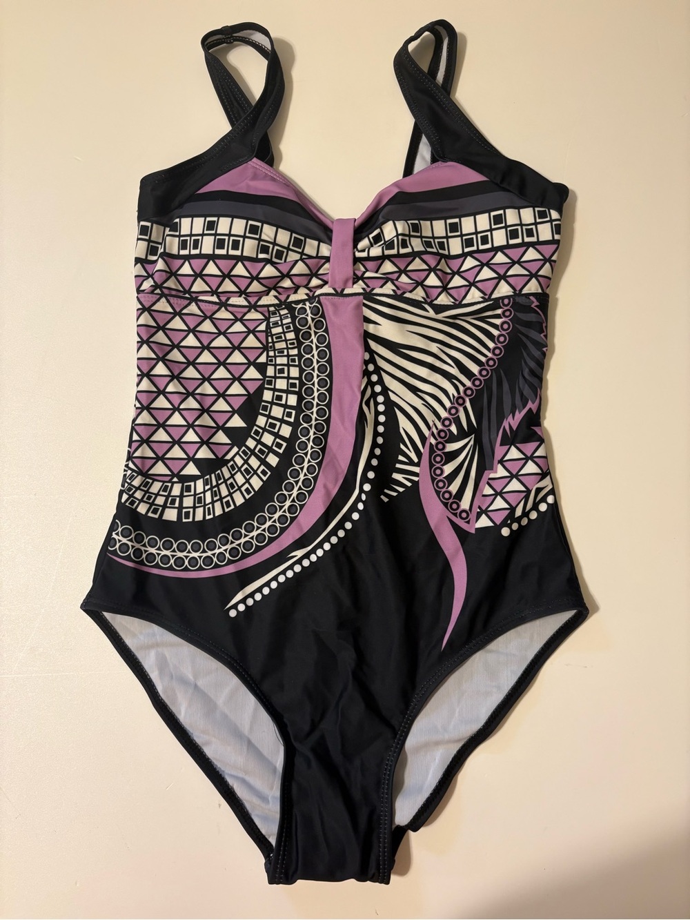 Black and Lavender Geometric One-Piece Swimsuit